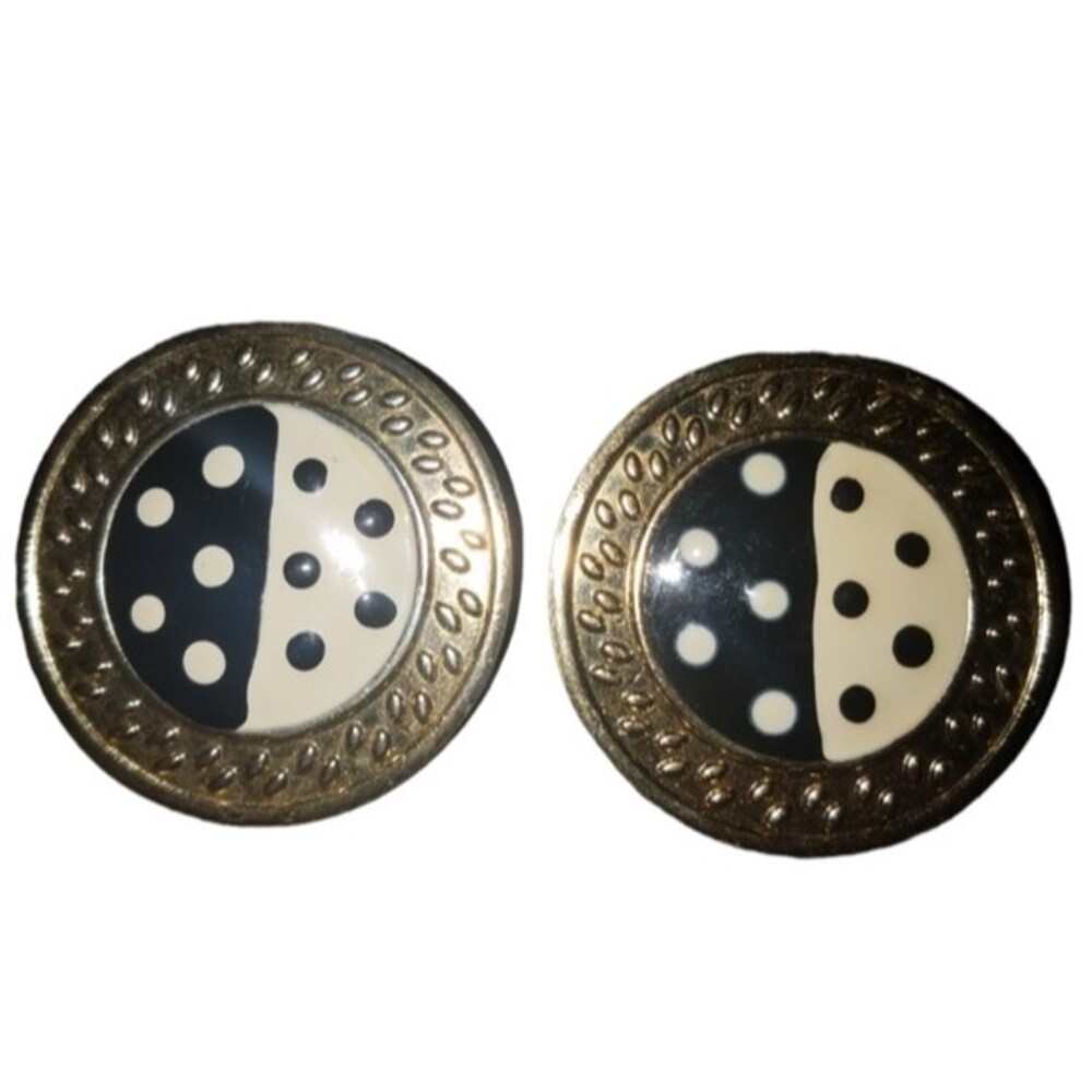 Vintage Cream & Black Gold Circle Earrings